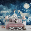Princess unicorn wallpaper creating magic in a cozy bedroom, soft night light glowing on white furniture
