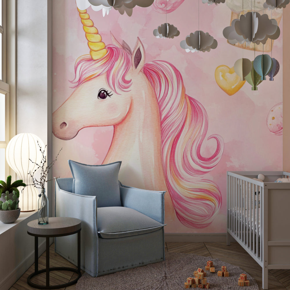 Pink Unicorn Wallpaper creating magic in a modern girl's bedroom with white furniture