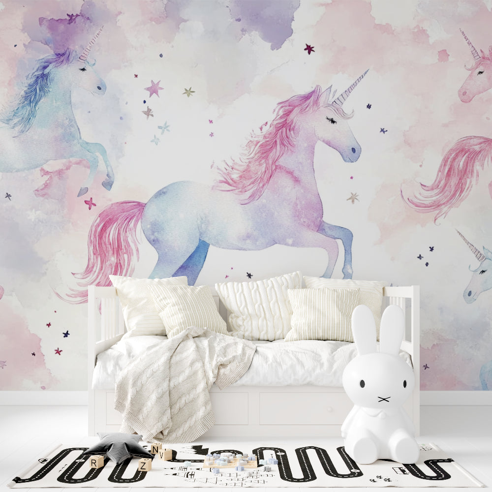 Magical unicorn mural creating dreamy atmosphere in girl's bedroom