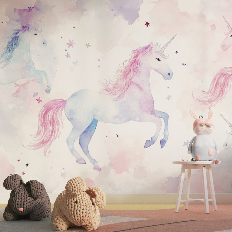 Unicorn fantasy wallpaper brightening a playroom with natural light