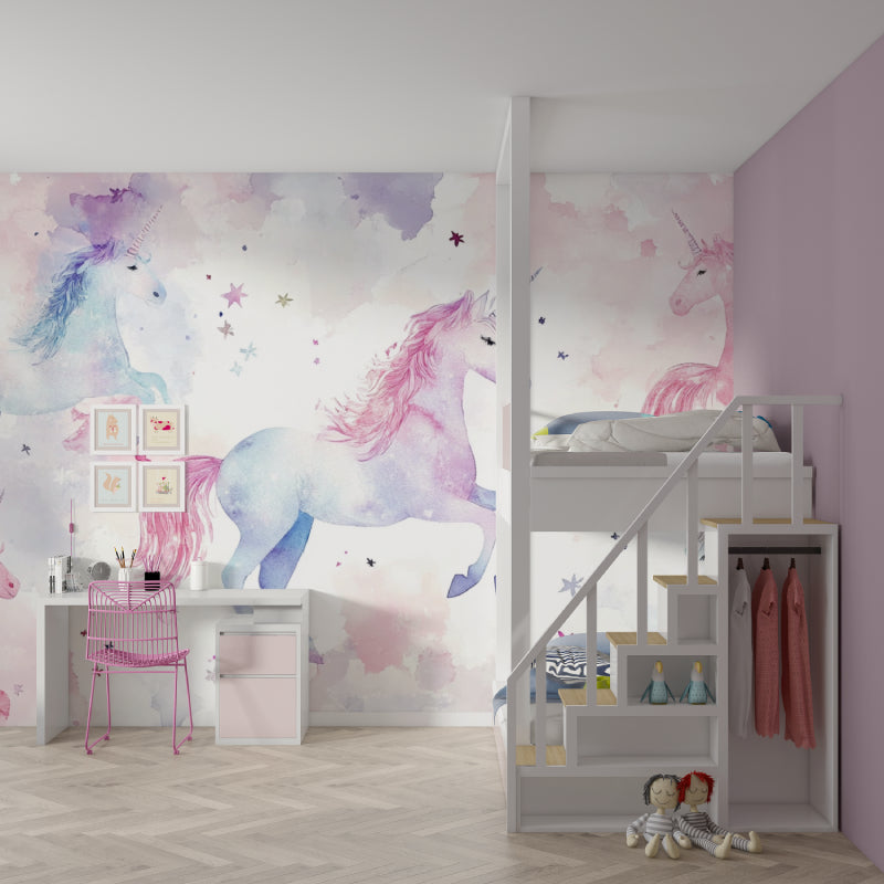 Watercolor unicorn wall mural in reading nook corner