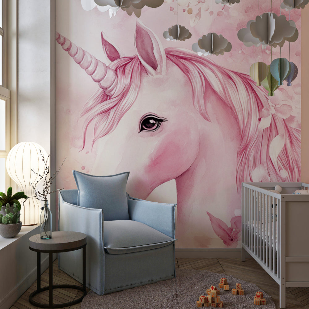 Unicorn fantasy mural in a playroom showing scale and soft pink tones