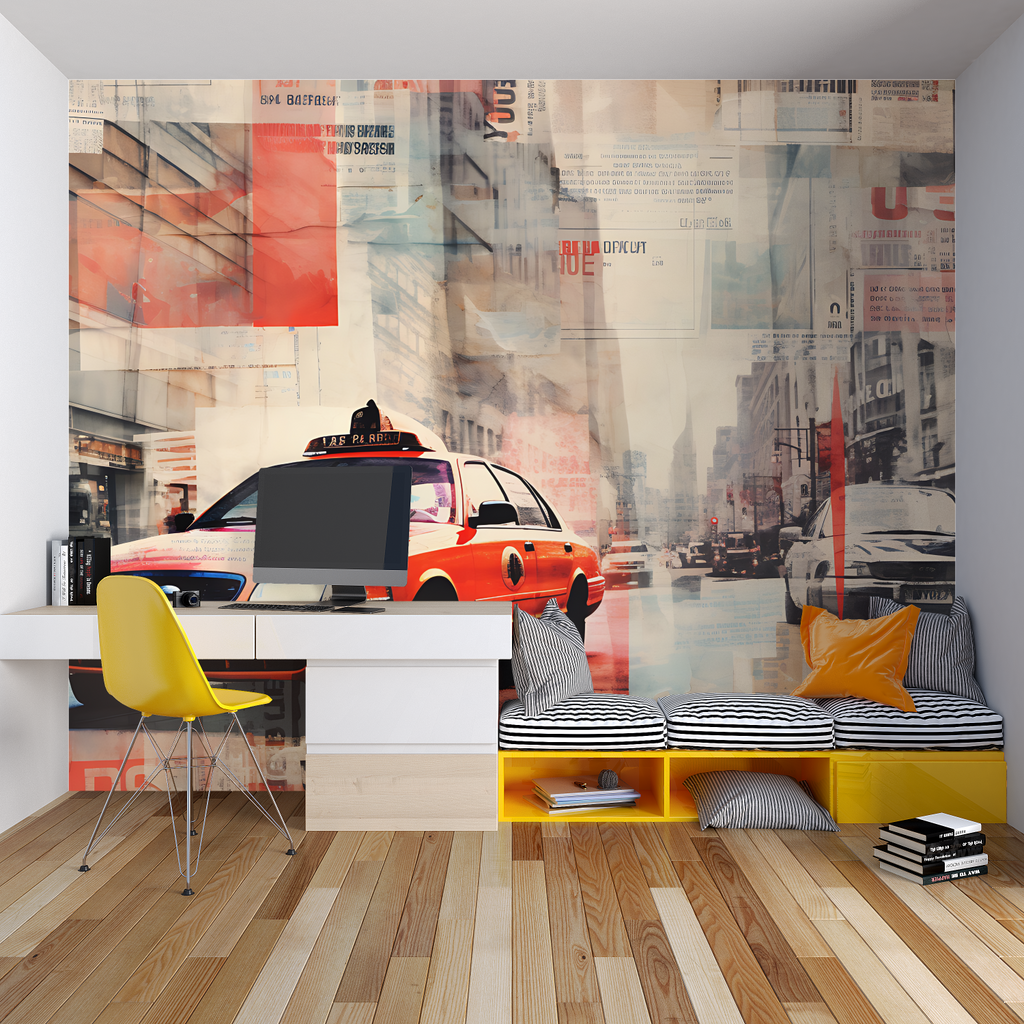 Urban art wallpaper featuring red taxi styled in industrial loft bedroom