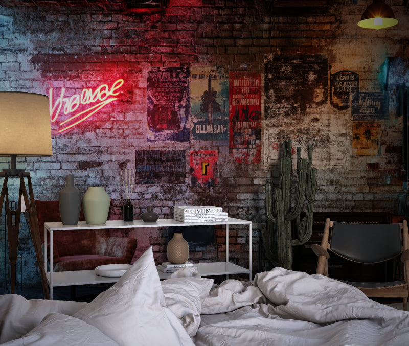 Urban brick wallpaper with neon accents styled in modern teen bedroom showing street art aesthetic