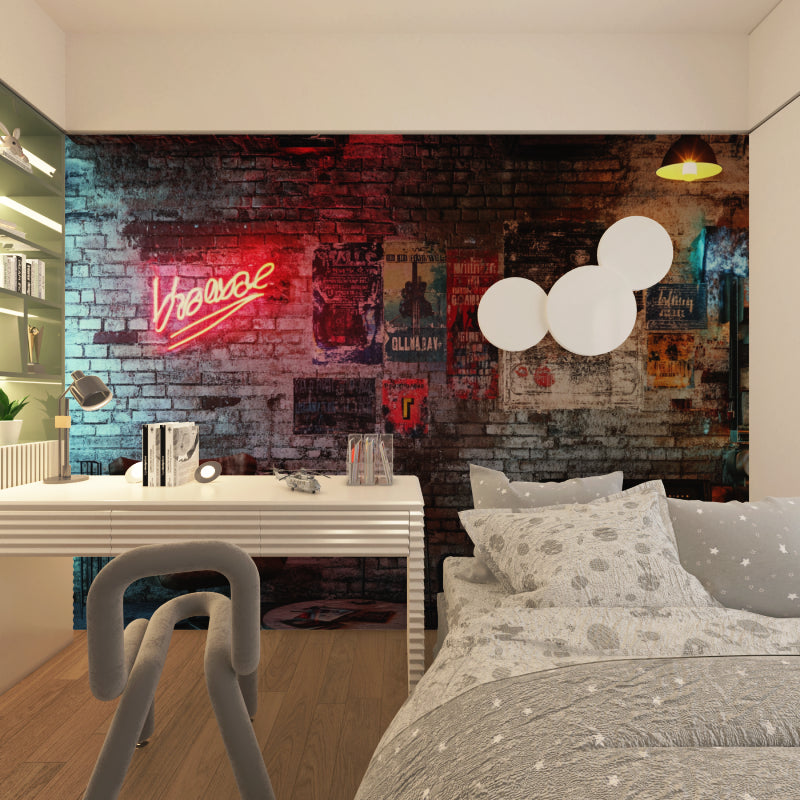 Street art brick mural in home office space highlighting industrial design elements