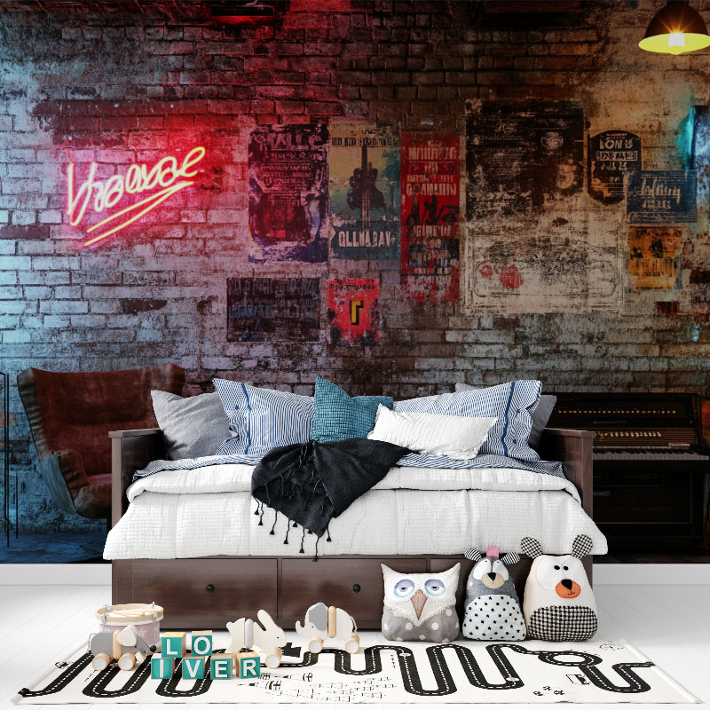 Neon graffiti wall mural creating atmosphere in urban style living room