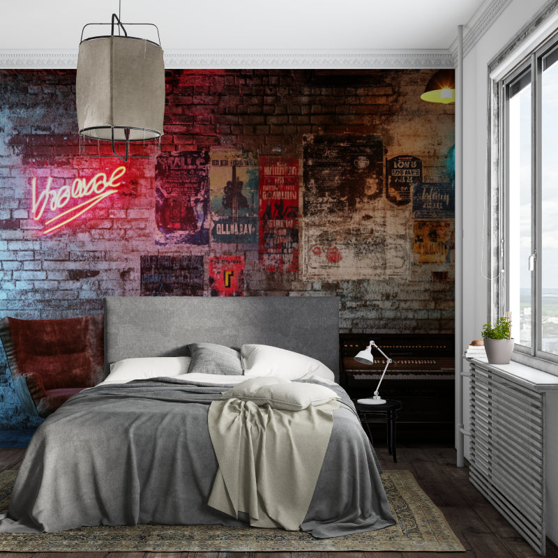 Urban brick wallpaper installation in gaming room showing vibrant neon details
