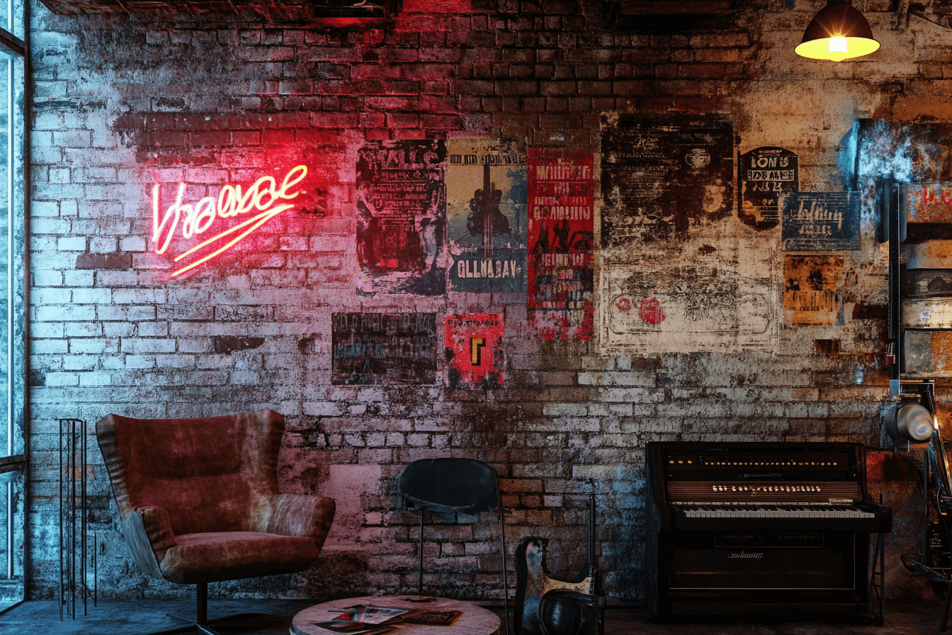 Design file of urban brick wallpaper pattern with neon music street art elements
