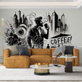 Urban coffee street art wallpaper in modern dining room, creating an artistic black and white feature wall