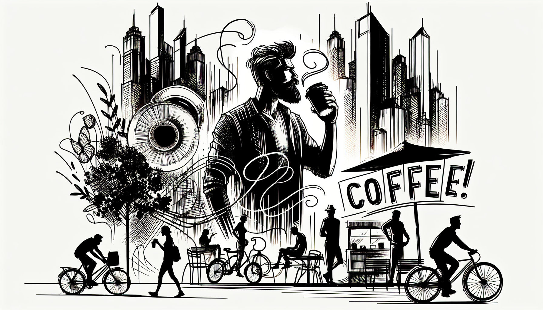 Black and white urban coffee street art design file showing detailed pattern and illustration