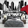 Japanese city wallpaper mural styled in a modern minimalist living room, showing dramatic red accents against black and white urban scene