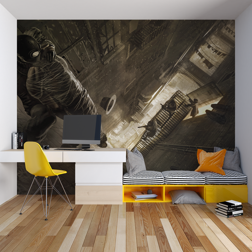 Urban industrial wallpaper in modern gaming room showing dramatic perspective and moody lighting