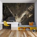 Urban industrial wallpaper in modern gaming room showing dramatic perspective and moody lighting
