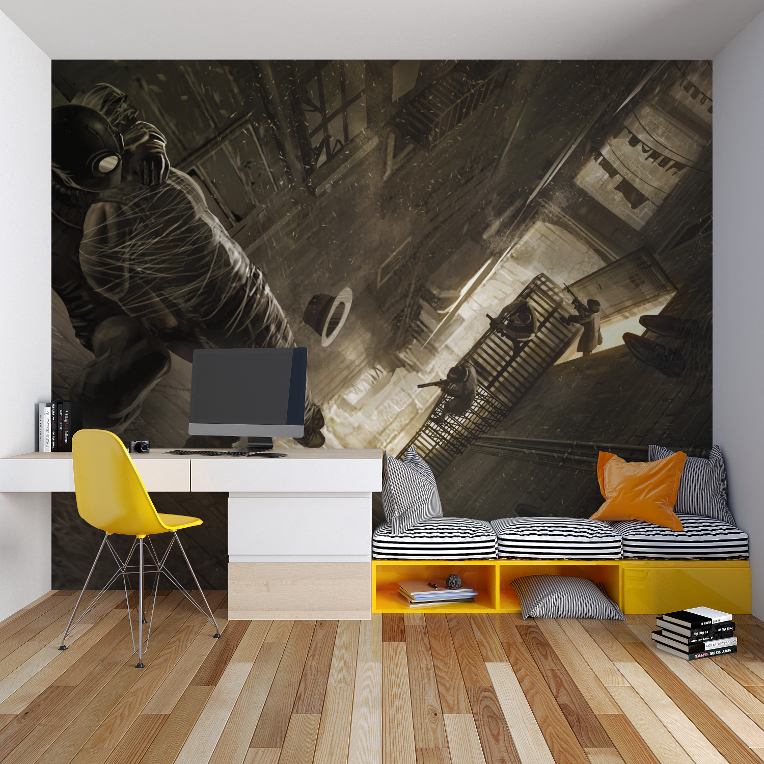 Urban industrial wallpaper in modern gaming room showing dramatic perspective and moody lighting