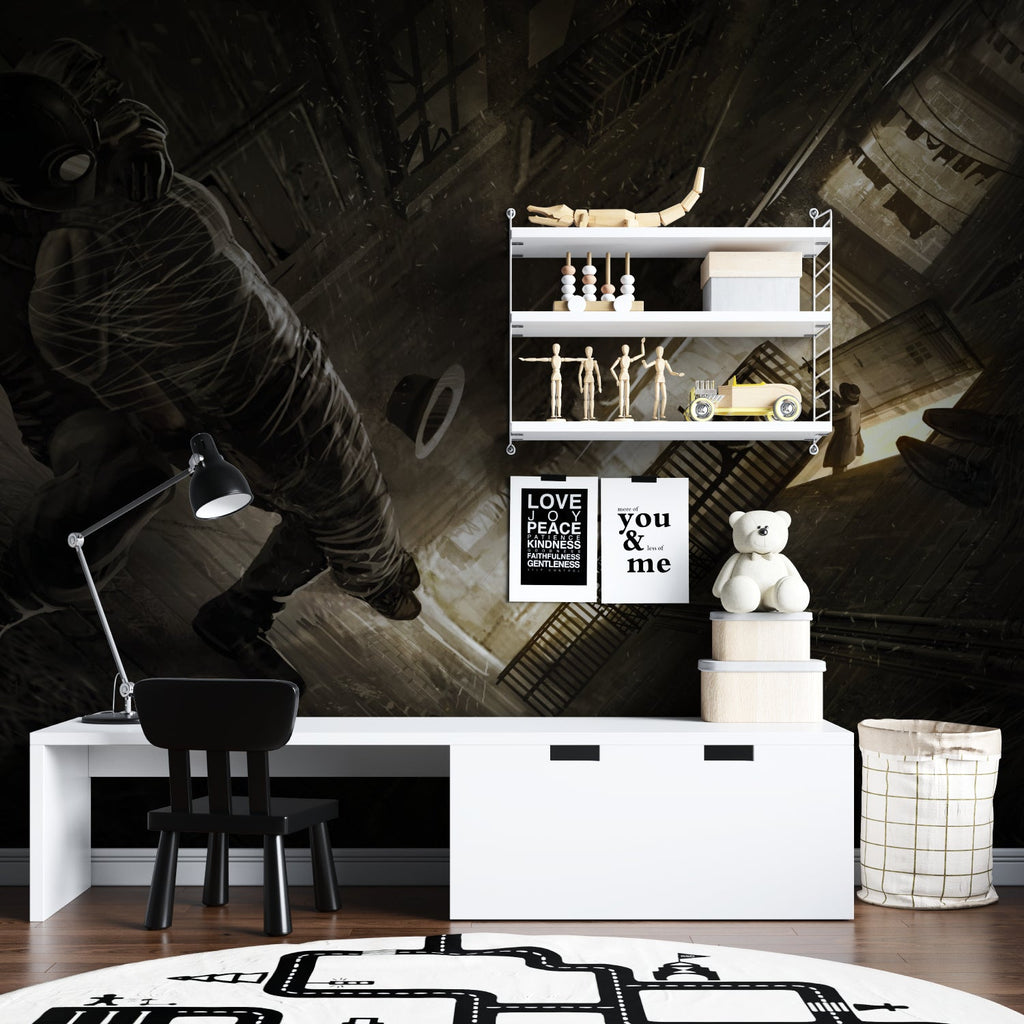 Industrial style wallpaper creating depth in teen bedroom with urban theme