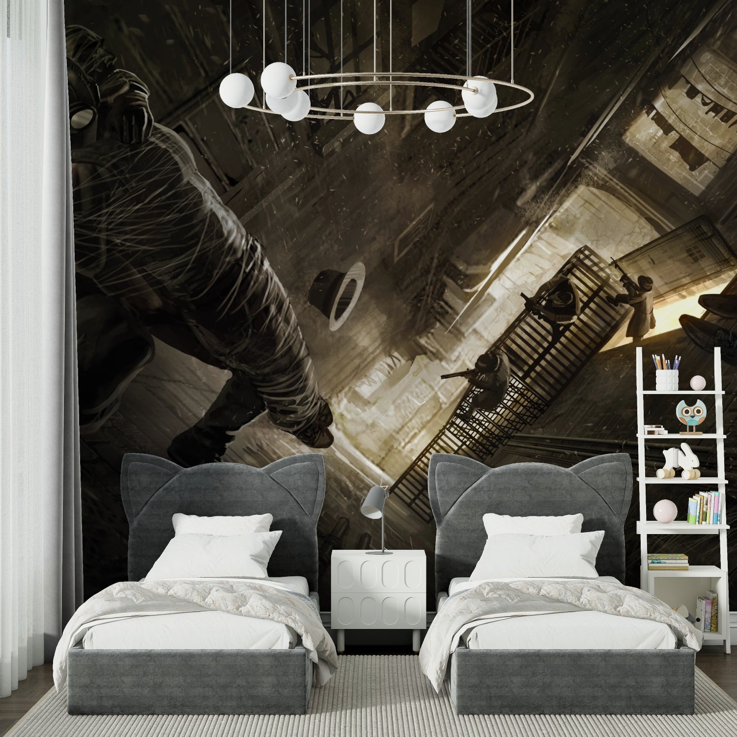 Street art wallpaper mural showcased in creative office space with industrial decor