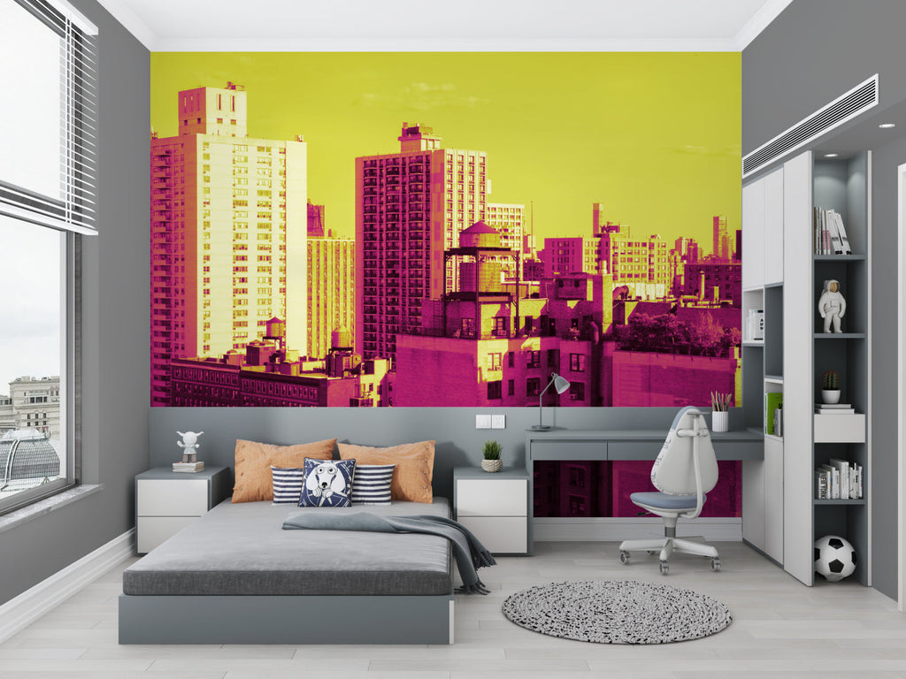Urban wallpaper creating depth in modern dining room with contemporary furniture