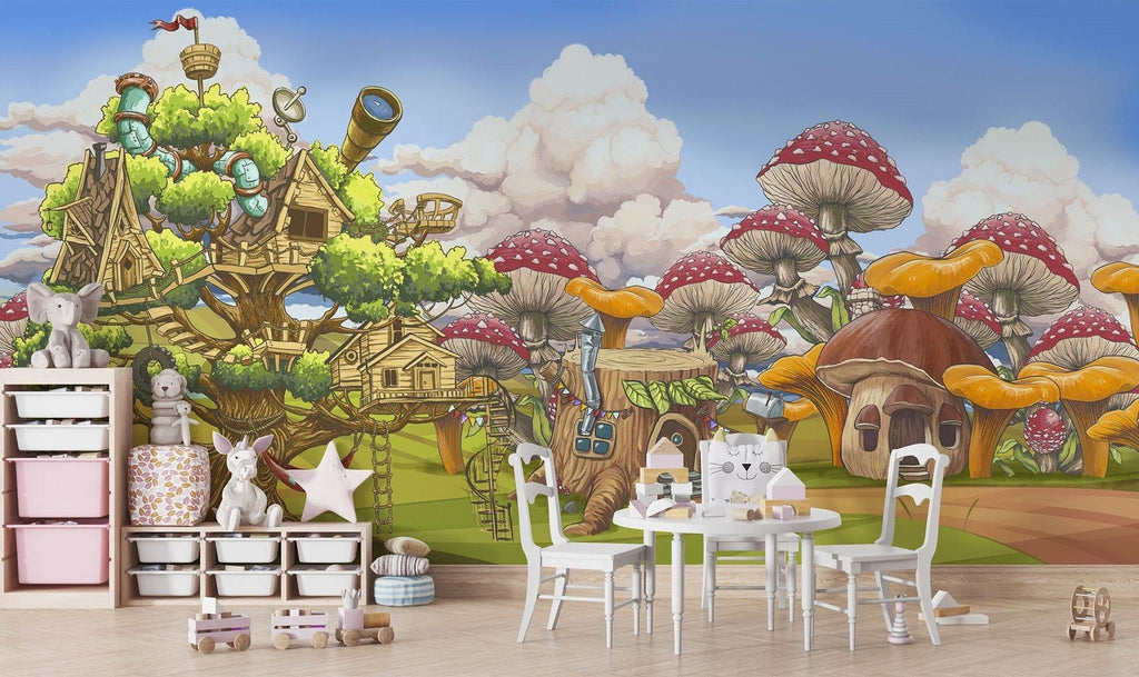 Fantasy Treehouse Mural Wallpaper | Magical Mushroom Forest Adventure