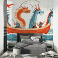 Viking ship wallpaper creating adventure vibes in a modern kids bedroom with blue and orange accents