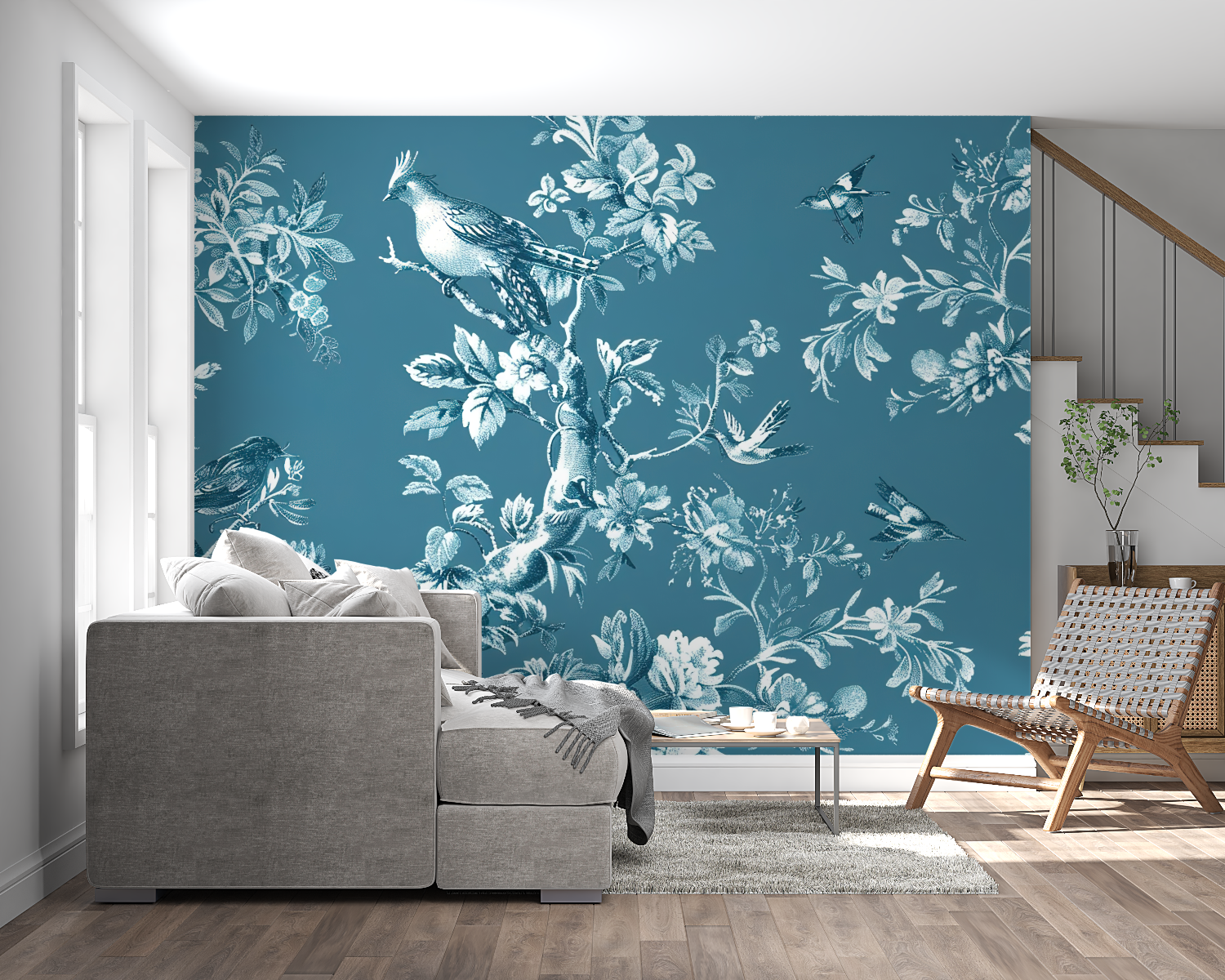 Vintage floral wall mural in cozy reading nook with natural lighting
