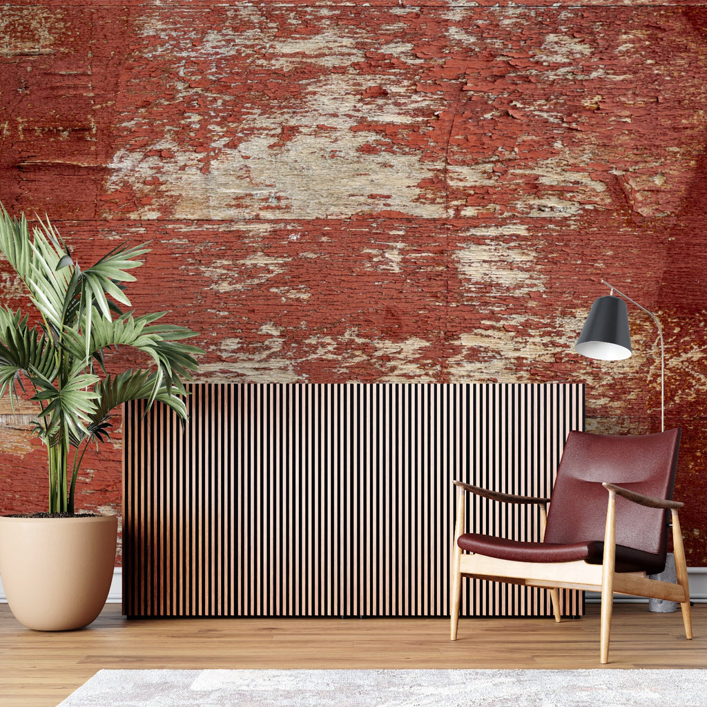 Distressed red brick wallpaper adding character to home office