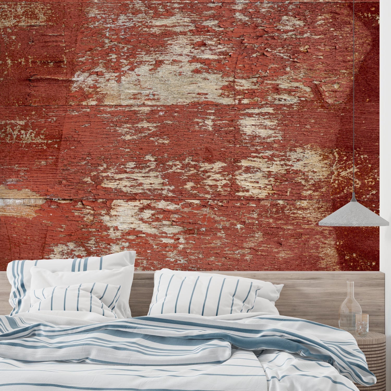 Red brick mural creating industrial feel in kitchen space