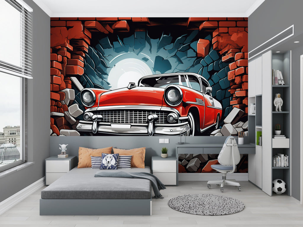 Vintage car wallpaper in modern living room showing 3D breaking effect through brick wall