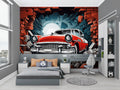 Vintage car wallpaper in modern living room showing 3D breaking effect through brick wall