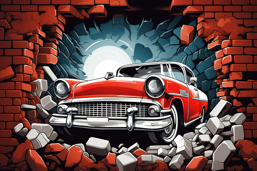Classic red car breaking through brick wall design file showing detailed pattern