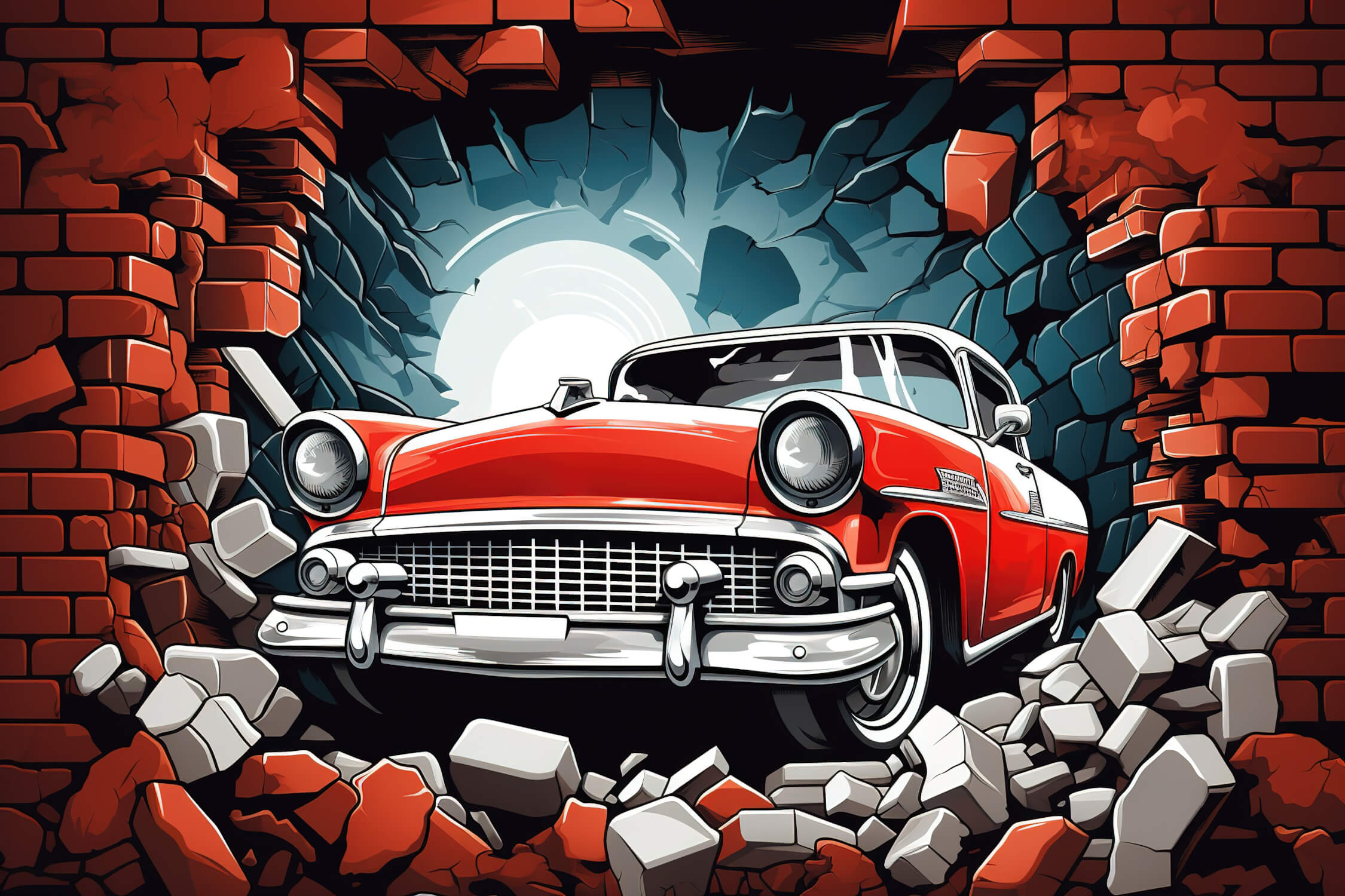 Classic red car breaking through brick wall design file showing detailed pattern