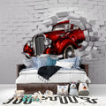 3D Vintage Car Mural transforms modern living room with dramatic red classic automobile breaking through wall