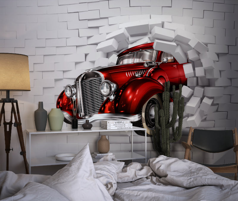 3D Car Mural adds depth to home office with vintage red automobile design