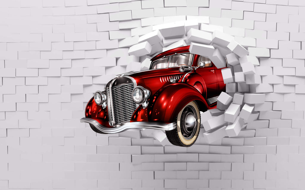 Design file of Red Classic Car breaking through brick wall mural pattern