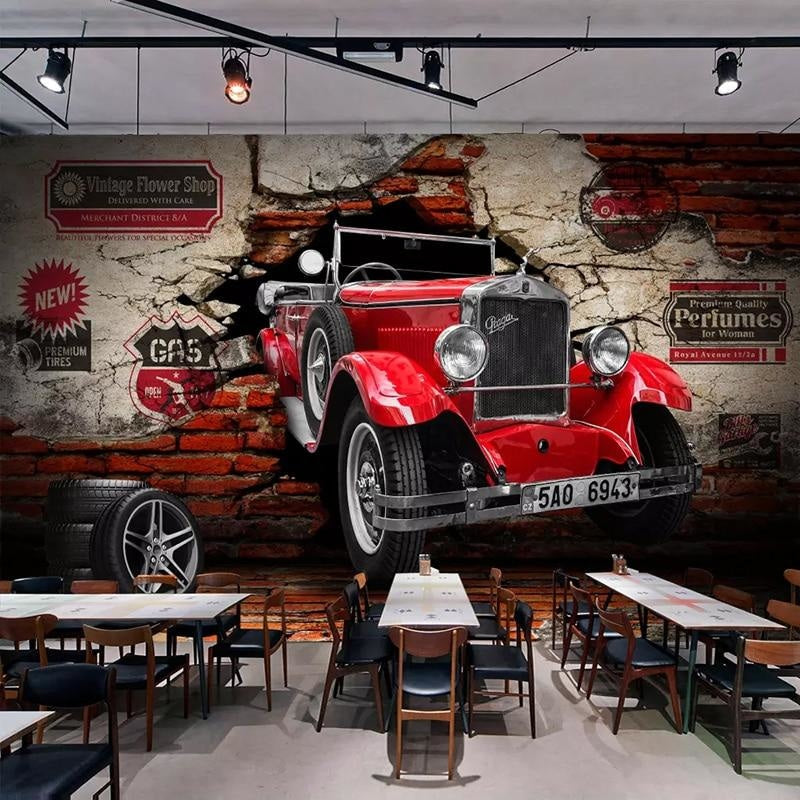 3D car mural installed in home office showing classic red auto and brick texture detail