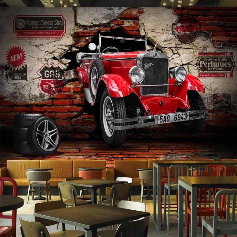 Vintage auto wallpaper making statement in garage with realistic brick wall effect