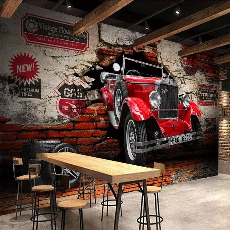 Classic car wall mural bringing character to entertainment room with 3D brick detail