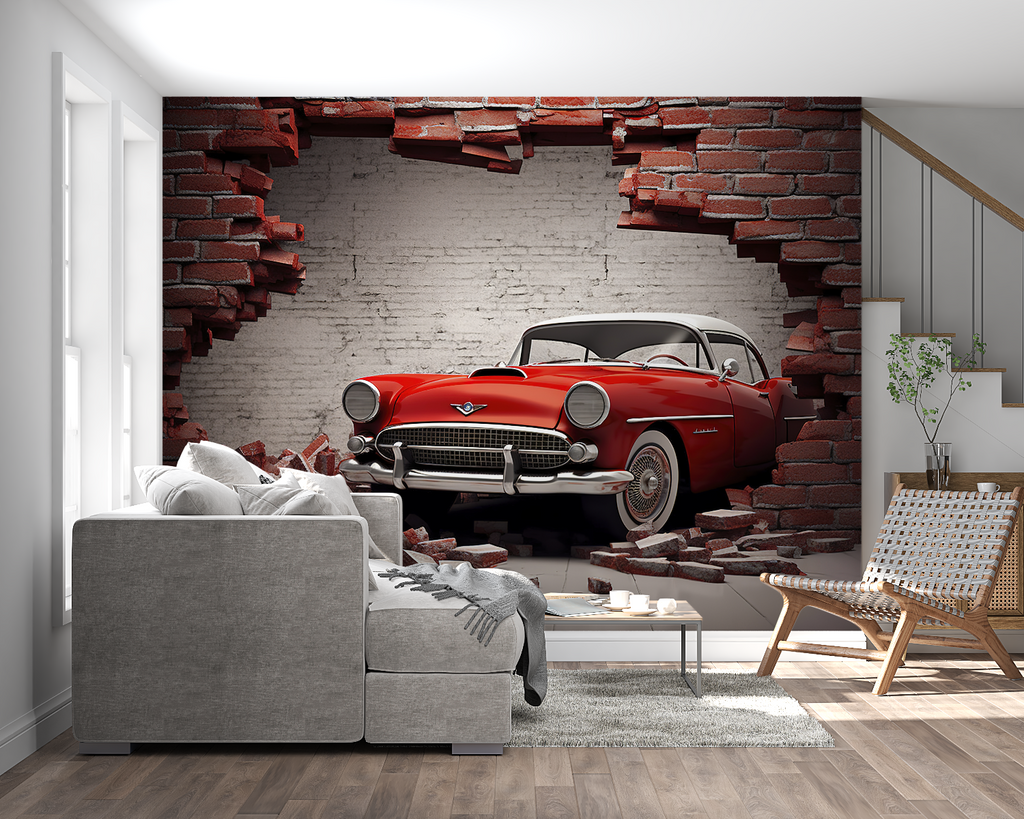 Classic car mural creating dramatic effect in man cave space