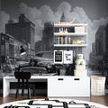 Vintage car wallpaper in modern living room showing black and white urban scene with classic automobile
