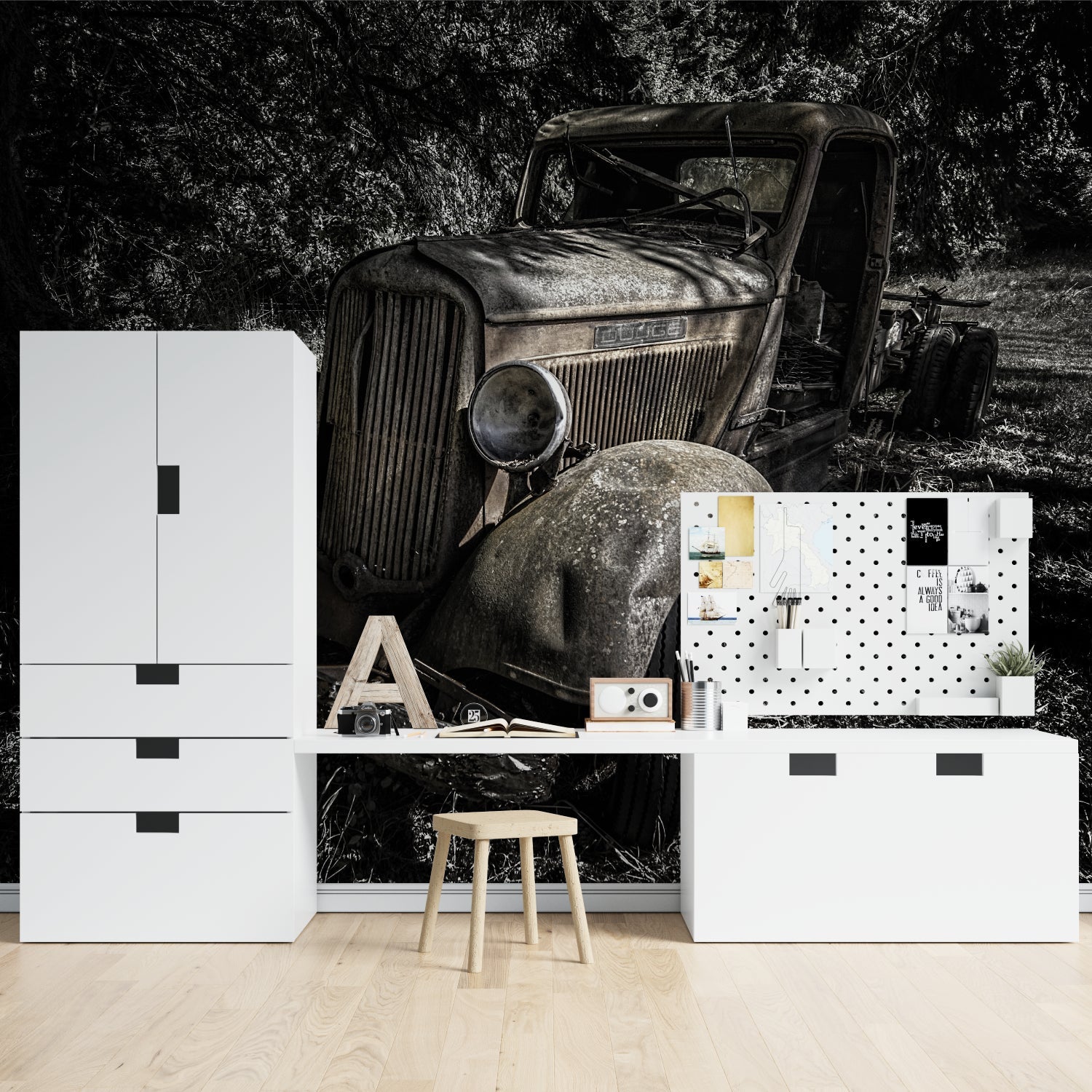 Vintage car wallpaper in modern minimalist living room showing dramatic black and white contrast