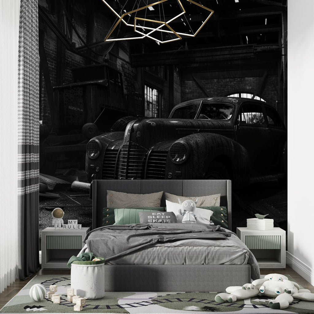 Classic car mural installation in industrial style office space