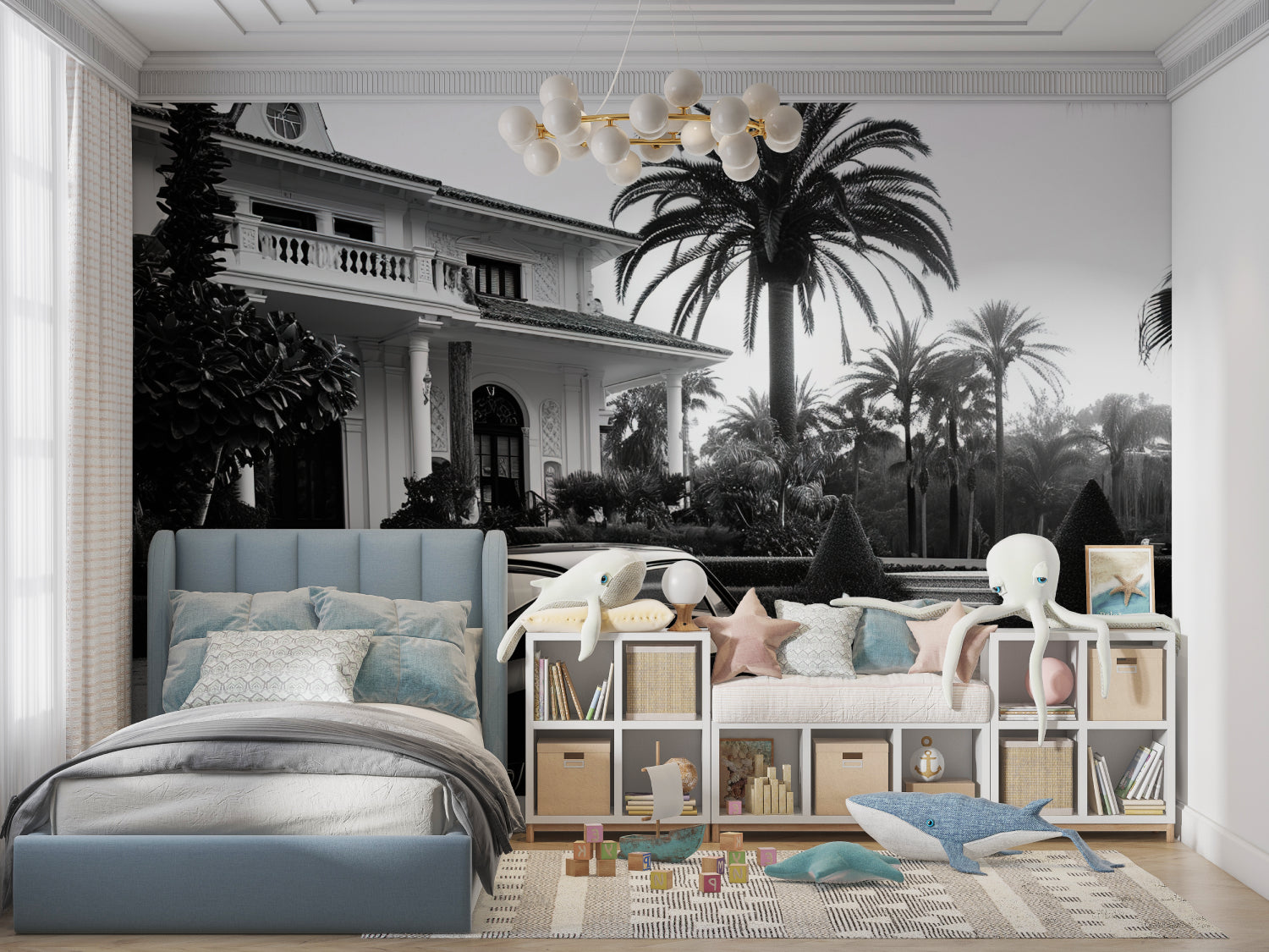 Classic car wall mural transforming dining room with crystal chandelier