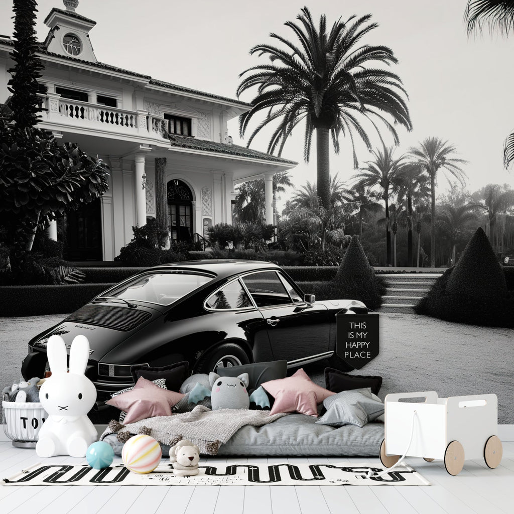 Monochrome vintage car wallpaper making statement in master bedroom