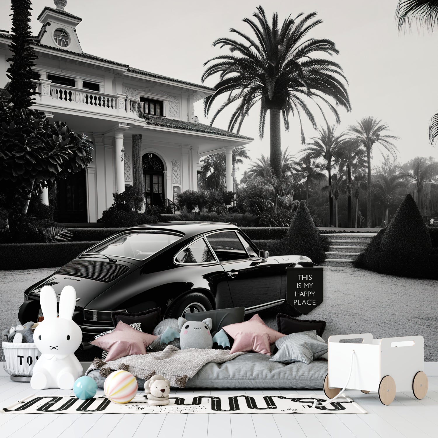 Monochrome vintage car wallpaper making statement in master bedroom
