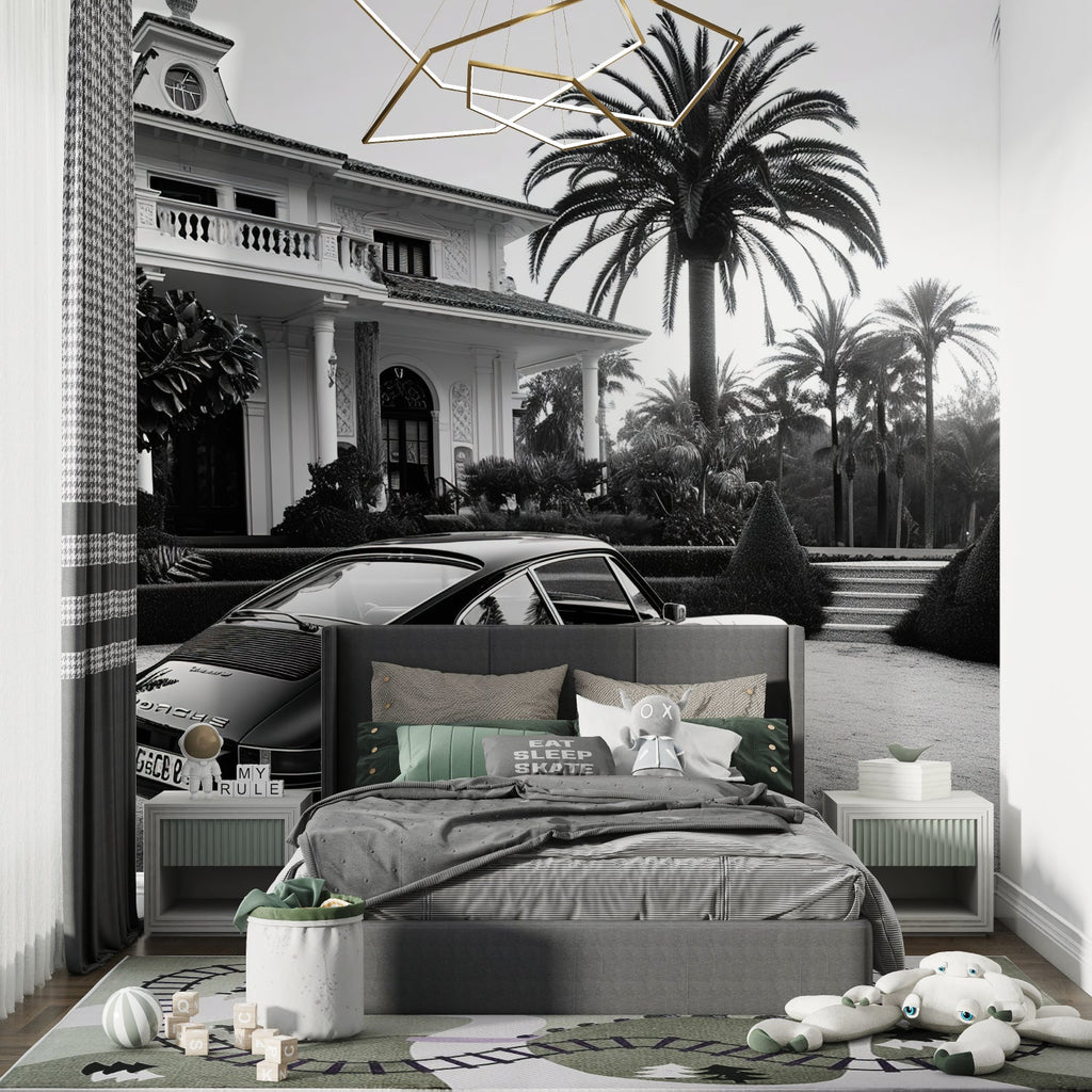 Luxury car mural enhancing hotel lobby with marble floors