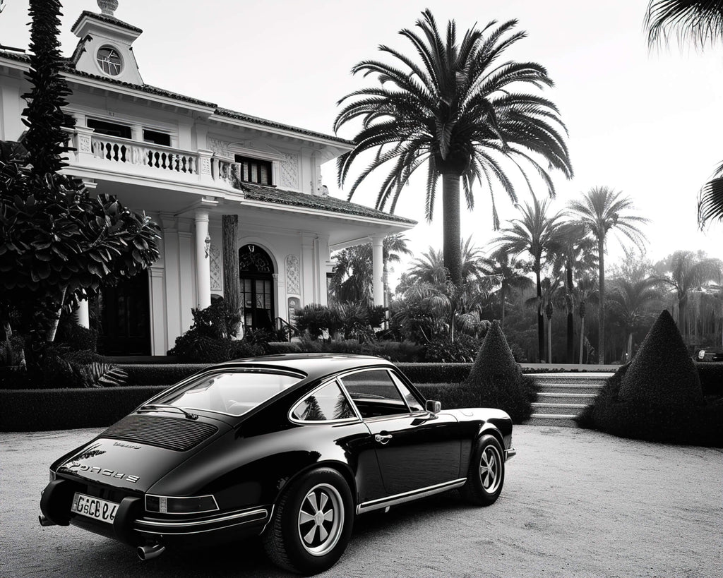Design file of vintage car and estate pattern showing detailed monochrome artwork