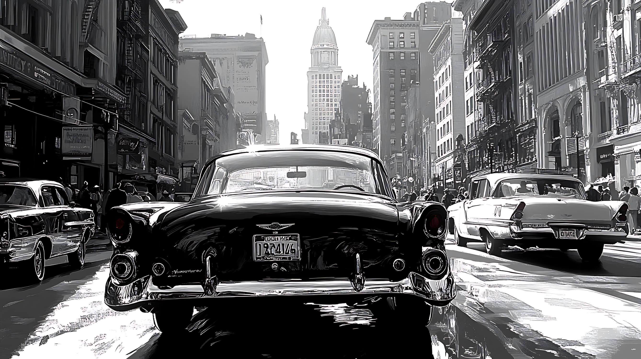 Black and white vintage car wallpaper design file showing detailed urban scene pattern