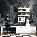 Vintage car wallpaper in modern living room showing classic automobile against urban backdrop