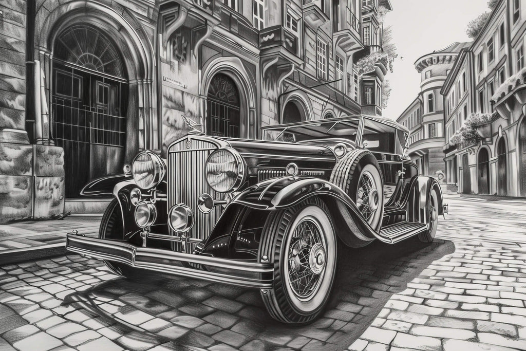 Design file of vintage car wallpaper showing detailed black and white urban composition