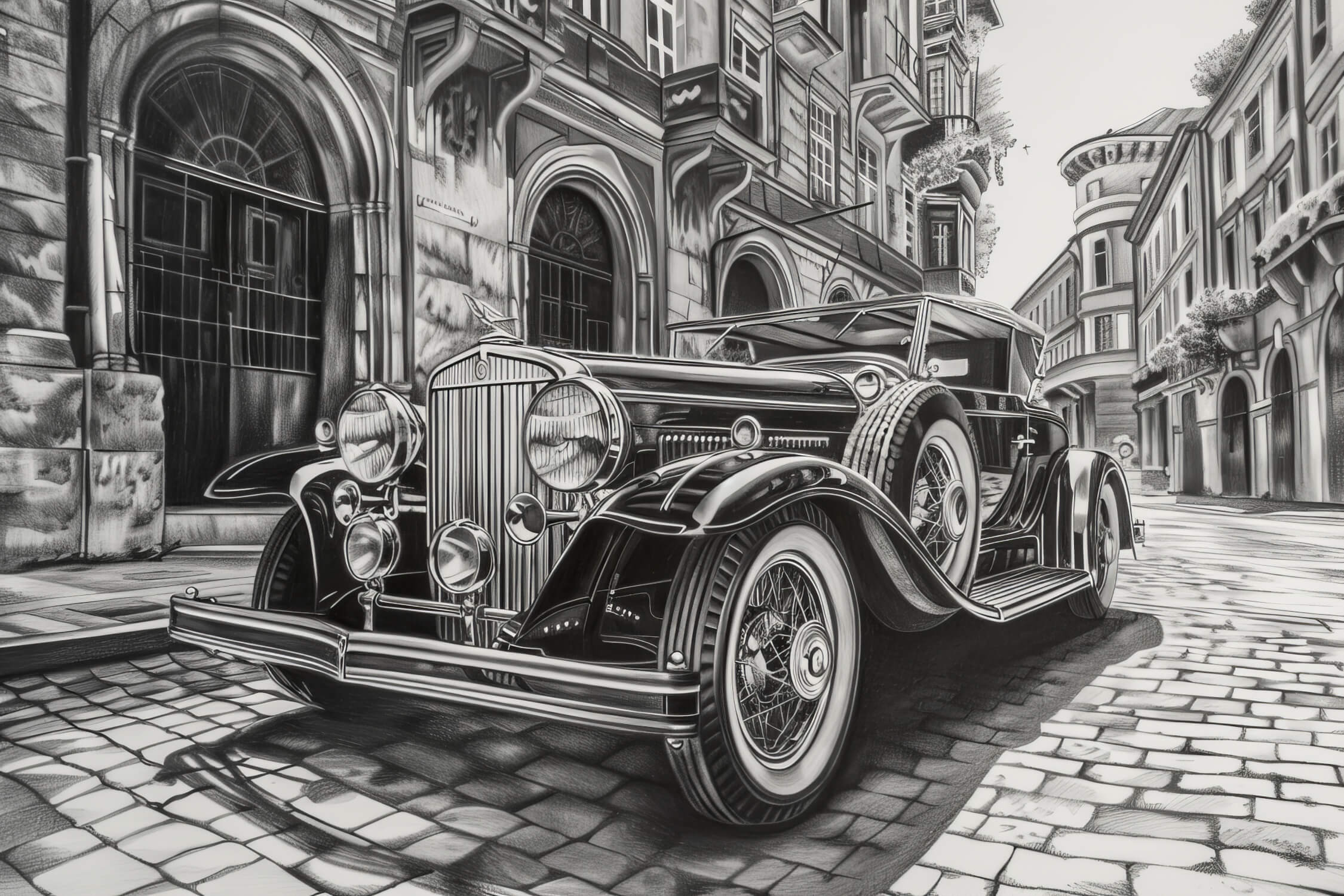 Design file of vintage car wallpaper showing detailed black and white urban composition