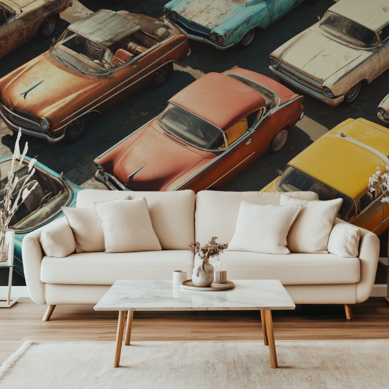 Vintage car wallpaper creating a bold statement wall in a modern living room with mid-century furniture